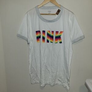VICTORIAS SECRET PINK pride rainbow 🌈 ringer tee size large NEW